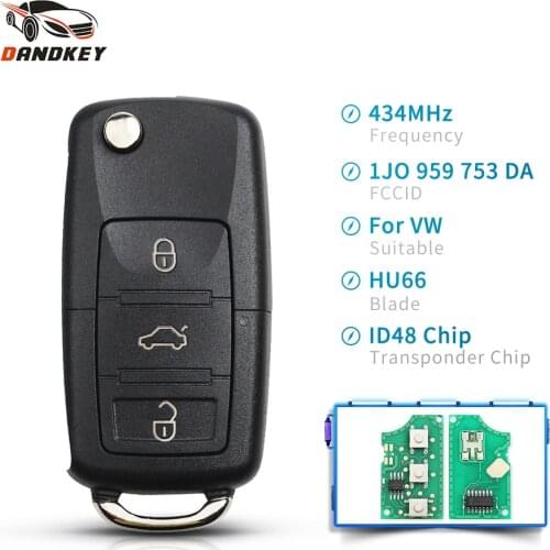 Dandkey 3 Buttons Fob For VW Volkswagen Skoda Seat 1JO 959 753 DA 434Mhz With ID48 Chip New Flip Folding Smart Remote Car Key
