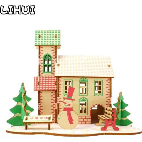 Snowman House Wooden 3D Puzzle Jigsaw Toys for Children DIY Christmas Tree Assembly Building Model Kit Educational Wood Toy Gift