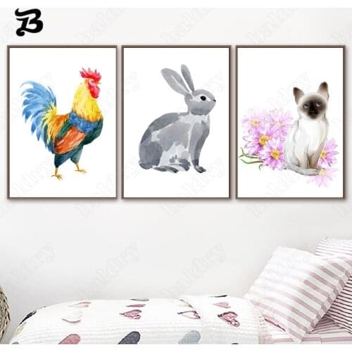 Canvas Painting Wall Art Animals Color Cock Cute Rabbit Cat Nordic Posters and Prints Wall Pictures for Living Room Zoo Decor
