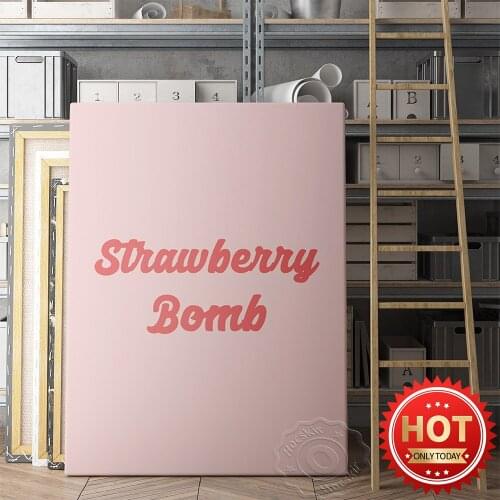Strawberry Bomb Pink Text Typography Calligraphy Art Poster, Modern Minimalist Print Canvas Painting, Living Room Home Decor