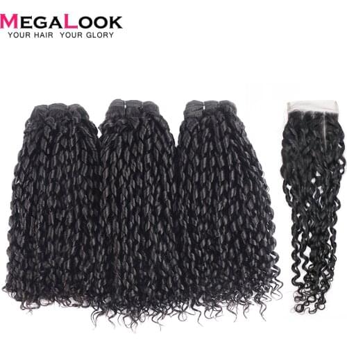 Megalook Funmi Telephone Curl 3 Bundles with 4*4 Lace Closure Brazilian Human Remy Hair Extensions 3 Bundle with Closure