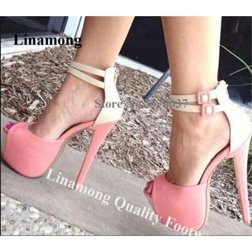 Cute Peep Toe Suede Leather Patchwork Stiletto Heel High Platform Pumps Pink Red Yellow Ankle Strap High Heels Wedding Shoes