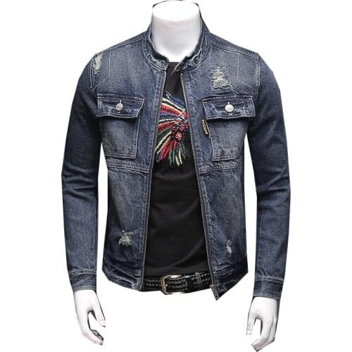 BONJEAN Brand Biker Denim Jackets Men Vintage Blue Hole Zippers Denim Coat Fashion Men Slim Fit Top Drop Shipping