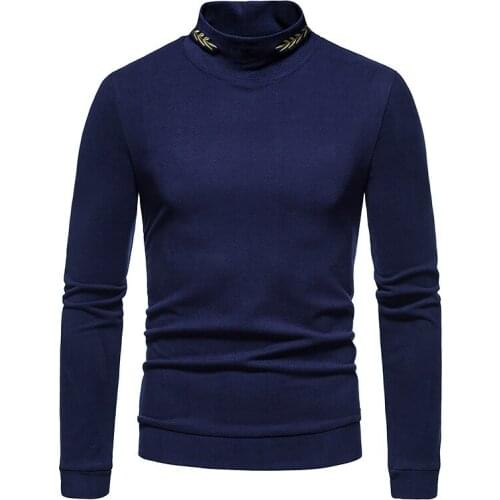 Mens Embroidery Turtleneck T-shirts 2021 Autumn Winter Velvet Long Sleeve T Shirt Men Daily Work Casual Tops Tee Shirt Homme XXL