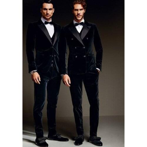 2019 Fashionable Men Suit Double Breasted (Jacket+Pants+Vest) Bespoke Mens Velvet Wedding Groom Tuxedo Groomsman Best Man terno