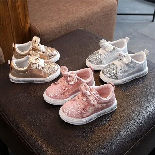 2021 New Childrens Shoes Princess Shoes Fashion Casual Shoes Sequin Bow Breathable Girls Shoes Size 21-30