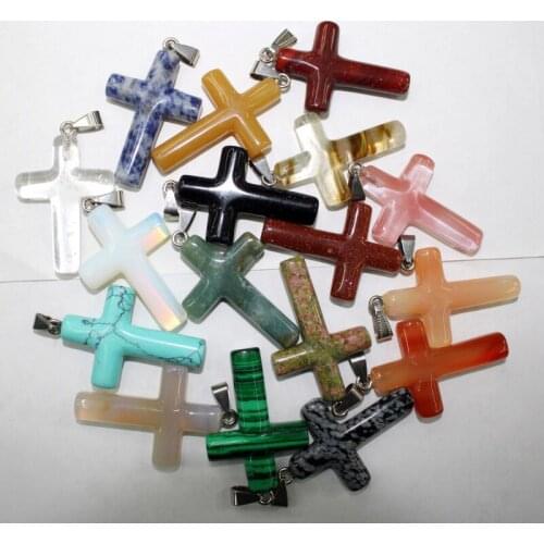 Wholesale 12pcs Natural Stone Cross Shape Crystal agates stone Pendant for Jewelry Making Necklace Good Quality pendant 28x42mm