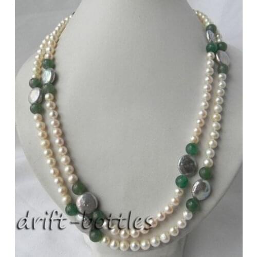 45'' 7MM White Round Gray Coin Freshwater Pearl Green Jadeite Necklace