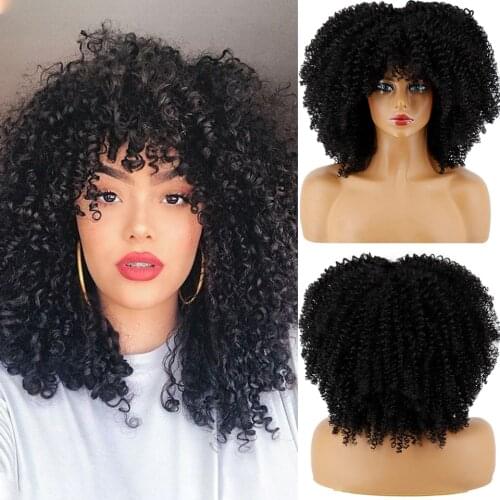 Black Curly Wigs for Black Women Afro Curly Wigs with Bangs Afro Hair Synthetic Heat Resistant Wigs Short Curly Wig (14inch)