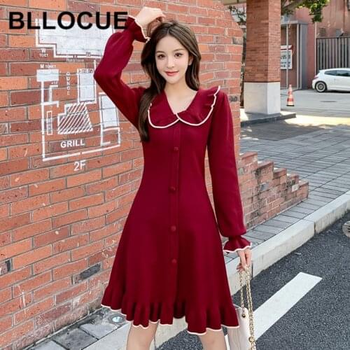 BLLOCUE 2020 Autumn Winter Womens Knitting Dress Lovely Elegant Fashion Female Dress Long Sleeve Red Mini Dresses Vestidos