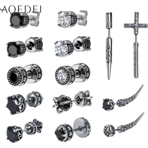 AOEDEJ Stainless Steel Skull Stud Earrings For Men Crown Cross Punk Earrings Mens Jewelry Gothic CZ Stone Men Earrings Studs