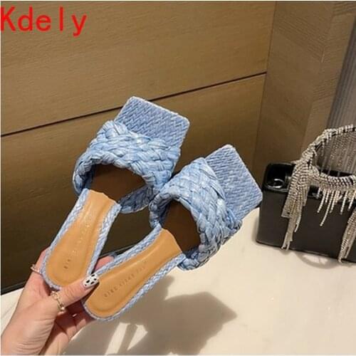 2021 Cross Woven Brand High Heels Mules Slippers Women Braid Designer Slides Summer Party Shoes Ladies Zapatos Mujer