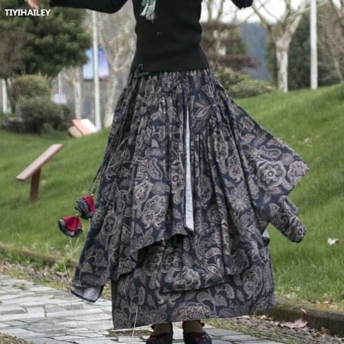 TIYIHAILEY Free Shipping 2021 Long Maxi A-line Elastic Waist Women Cotton Linen Print Flower S-2XL Irregular Spring Summer Skirt
