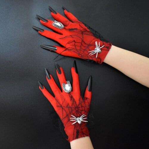 Female Halloween Prom Skull Elastic Satin Ghost Claw Performance Glove Day Of The Dead Thin Short Punk Spider Web Lace Mitten H5