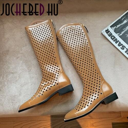【JOCHEBED HU】2021 New Shoes Woman Designers Chic Hollow Boots Natural Leather Women Boots Knee High Womens Shoes