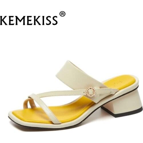 KemeKiss Women Real Leather Sandals Open Toe Thick Heel Slip On Shoes Summer Outdoor Slides Slippers Female Footwear Size 34-39