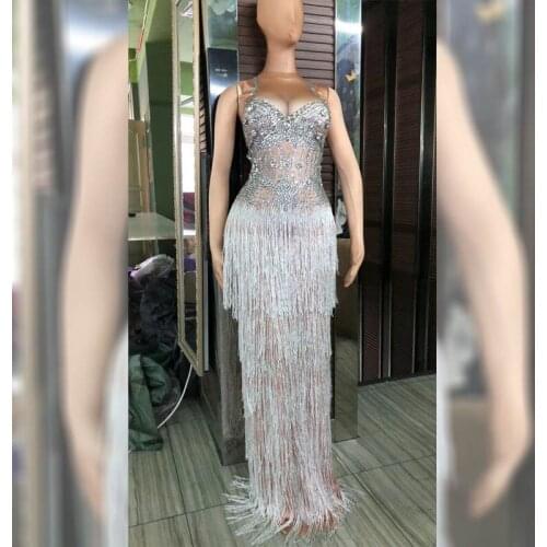 Nightclub Sparkly Silver Tassel Sexy Big Stretch Female Singer Dress Women Celebrate Performance Jumpsuit Stage Wear DJ381