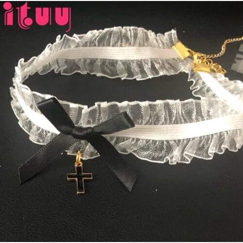 Handmake Harajuku Cute Lolita Ribbon Chain Cosplay Women Necklace Sweet Cross Pendant Bownot Choker Collarbone chain