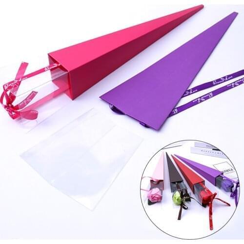 42cm Single Flower Rose Box Paper Triangular Wrapping Bags Colorful Box For Festival Wedding Florist Flowers Gifts Packaging