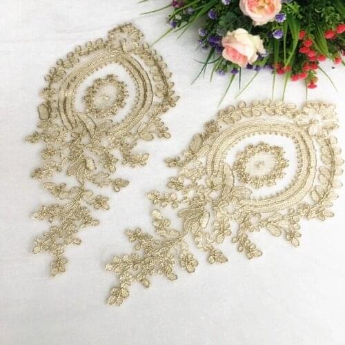 5Pcs 15X30cm Gold Colour Gold Cord Outline Venise Lace Appliques Embroider Patch Wedding Dress Lace Decoration DIY