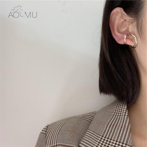 AOMU 1Pcs Minimalist Geometric Distortion Double Layer Ear Cuff Purpose Clip Metal Earrings Without Piercing for Women Men 2020
