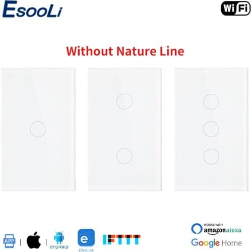 EsooLi 1/2/3 Gang Crystal Tempered Glass Panel WIFI Touch Switch US Standard Ewelink APP Home Single Fire Line Wireless Switch