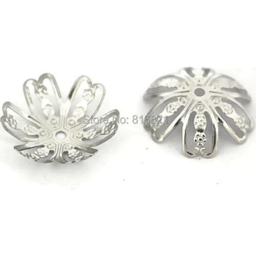 14mm Stainless Steel Filigree Flower Bead Cap 6 Prong Legs Connectors Silver tone Hollow Spacer Beads DIY Finding Wholesale