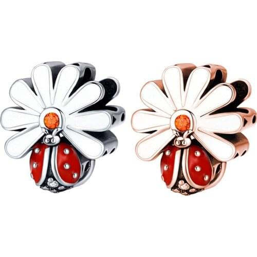 New Cute Flower Ladybug Pendant DIY Beads Suitable for Original Pandora Charm Bracelet Ladies Jewelry Making Gifts