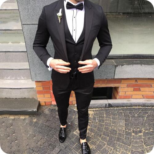 Black Men Suits for Wedding Blazer Man Tuxedo Groom Wear Peaked Lapel 3Piece Latest Design Costume Homme Slim Terno Masculino