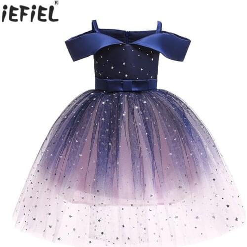 Kids Girl Princess Dress Off the Shoulder Sparkle Stars Tutu Ball Gown Dress for Wedding Birthday Formal Party Dress Photo Shoot