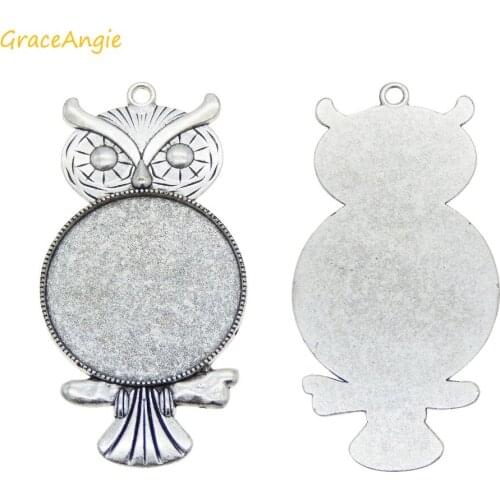 GraceAngie 1pc DIY Pendant Owl Bird Setting Tray Blank Base Vintage Silver Zinc Alloy Charms for Photo Necklaces Findings