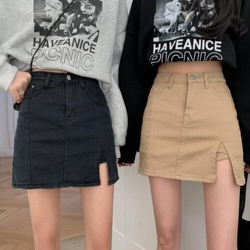 HOUZHOU Black Denim Skirt Women Sexy High Waist Patchwork Side Slit A-line Mini Skirt Summer Korean Fashion Casual Streetwear