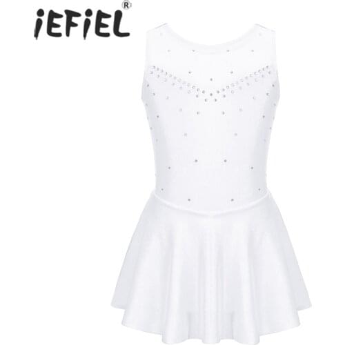 IEFiEL Kids Girls Sparkly Rhinestone Tulle Back Figure Skating Dress Ice Skating Ballet Dance Leotard Gymnastics Leotard Dress