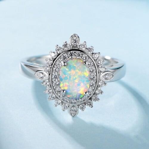 Solid 925 Sterling Silver 6X8MM Opal Stone Rings Full Size Woman Rings for Wedding/Anniversary/Party Christmas Gifts