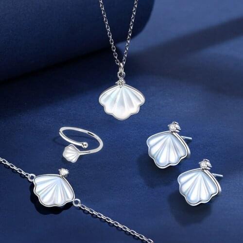 Fashion 925 Sterling Silver Geometry Shell Jewelry Glittering Zircon Necklace Open Ring Earring Bracelet Women Party Gift