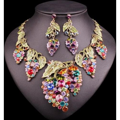 Trendy Grape Leaves Bridal Necklace Earrings Sets Crystal Wedding Jewelry Sets Party Brides Costume Accessories Gifts for Women