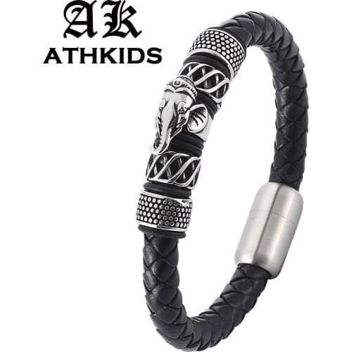 Punk Braid Genuine Leather Bracelet Titanium Stainless Steel Magnet Clasp Men Woven Bangle Bracelet Magnetic Men Gift PD0087