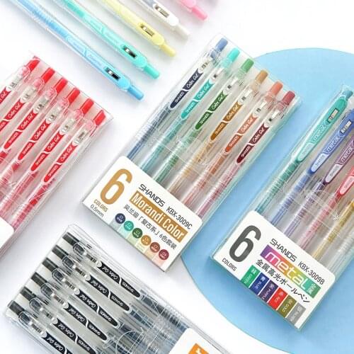 6pcs Juice Color Click Type Gel Ink Pen Set Retro Morandi Macaron Metallic Colors Liner Marker Journal Drawing School A6780