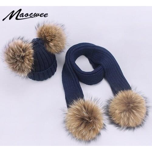 Scarf Hat Set Children Beanies PomPon Knitted Skullies Hats Pure Colour Autumn And Winter Warm Pure Colour Unisex Solid Color