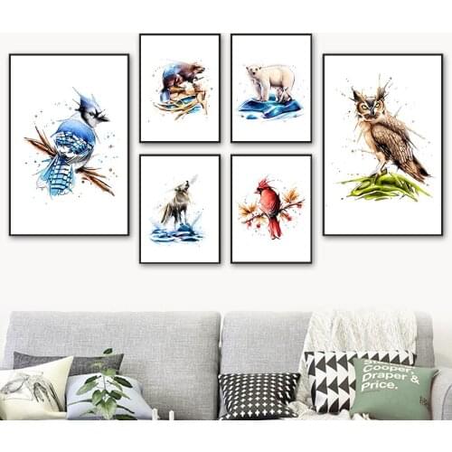 Wolf Polar Bear Mouse Owl Stellers Jay Wall Art Canvas Painting Nordic Poster And Prints Wall Pictures For Living Room Decor