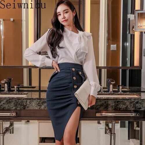 Office irregular one piece suit korean ladies Sexy fall Long SLeeve White tops and Midi bodycon skirt party sets for women china