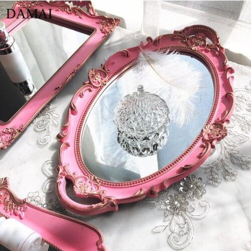 Pink Glass Jewelry Mirror Trays Decorative Nordic Vintage Relief Craft Dressing Table Cosmetics Organizer Home Decoration Modern