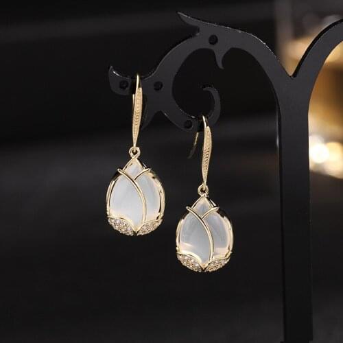Tulip Shape Inlaid Cats Eye Stone Ear Hook Plating Jewelry Female Zircon Earrings Women Gift Dangle Earring