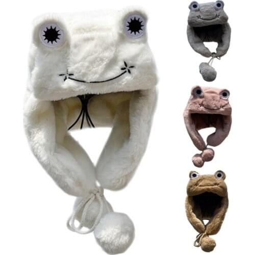 Women Winter Cute Frog Eyes Fuzzy Plush Trapper Hat with Pompom Chin Strap Windproof Thermal Warm Beanies Earflap Cap