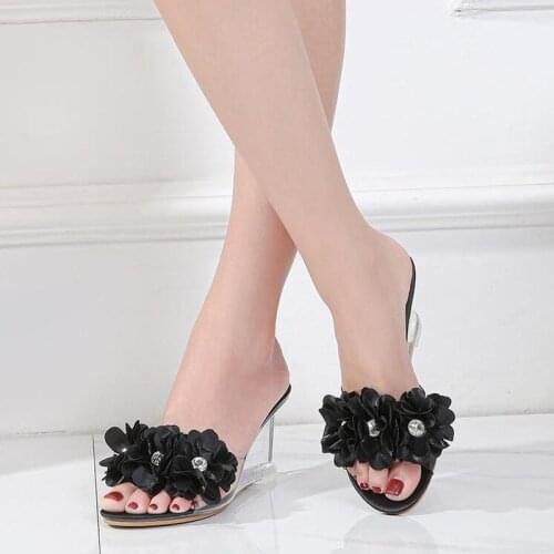 YEELOCA Female Slippers Womens Shoes 8CM High Heel Slides Flower Wedges Crystal Transparent Wedding Sandals Size 34-43