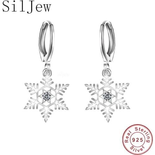 SilJew Women Authentic Fashion 925 Sterling Silver Snowflake Dangle Hoop Earrings Girls Crystal Earrings Jewelry Oorbellen