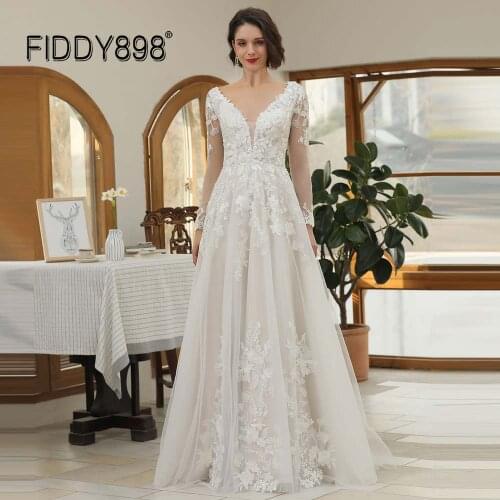 FIDDY898 Plus Size Boho Wedding Dress V Neck vestido de novia A-line Long Sleeve Beach Lace Bridal Dresses robe mariage