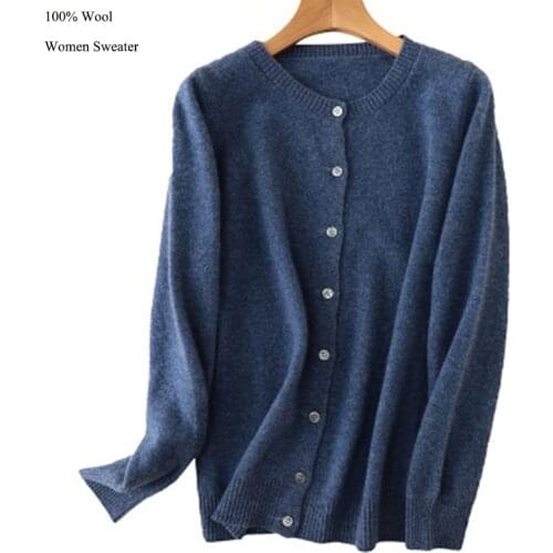 Merino 100% Pure Wool Sweater Cardigan Women Lady Knit Fall Winter Autumn Warm Bottoming Shirt Knitted Soft Fashion