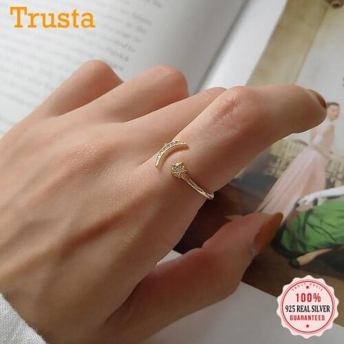 Trustdavis Real 925 Sterling Silver Minimalist Sweet Gold Moon Star CZ Opening Ring For Women Wedding Ring Jewelry Gift DA1657