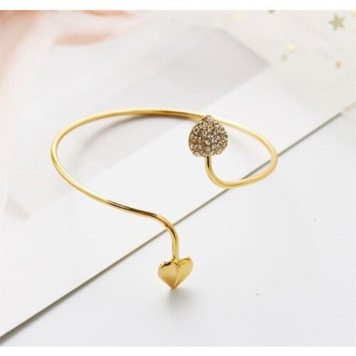 Women Lady Female Girl Daughter Girlfriend Jewelry Gold Silver Color Heart Open Bracelet, Adjustable Crystal Heart Bracelet